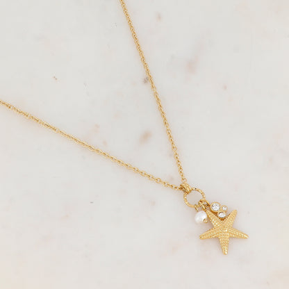 Sautoir en maille avec étoile de mer, oxyde de zirconium et perle d'eau douce (60+5CM)