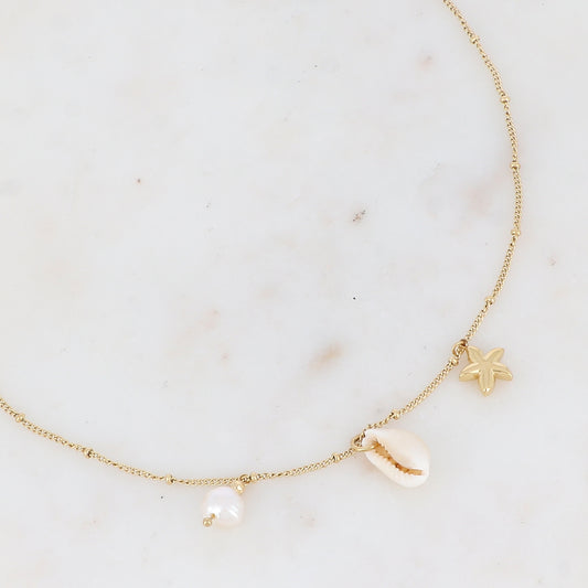 Collier en maille avec étoile de mer, cauri naturel et perle d'eau douce (45+5CM)
