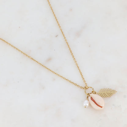 Sautoir en maille avec feuillage, cauri naturel et perle d'eau douce (60+5CM)