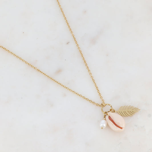 Sautoir en maille avec feuillage, cauri naturel et perle d'eau douce (60+5CM)