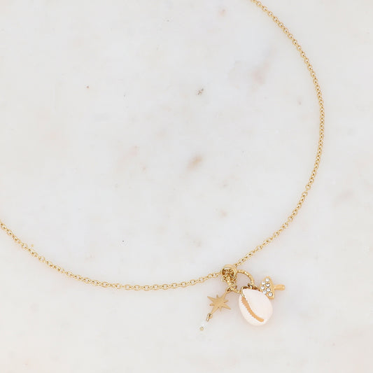 Collier en maille avec champignon strassé, cauri naturel, étoile du nord et perle en pierre naturelle (50+5CM)