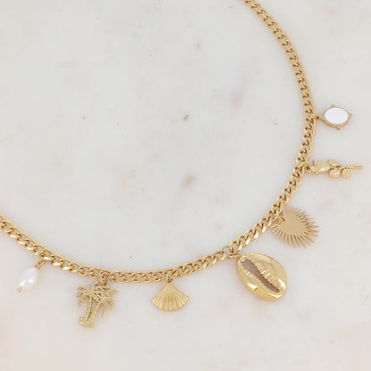 Collier en maille avec perle d'eau douce, palmier, coquillages, demi-soleil, fleur et pampille ovale émaillé (43+7CM)