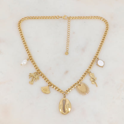 Collier en maille avec perle d'eau douce, palmier, coquillages, demi-soleil, fleur et pampille ovale émaillé (43+7CM)