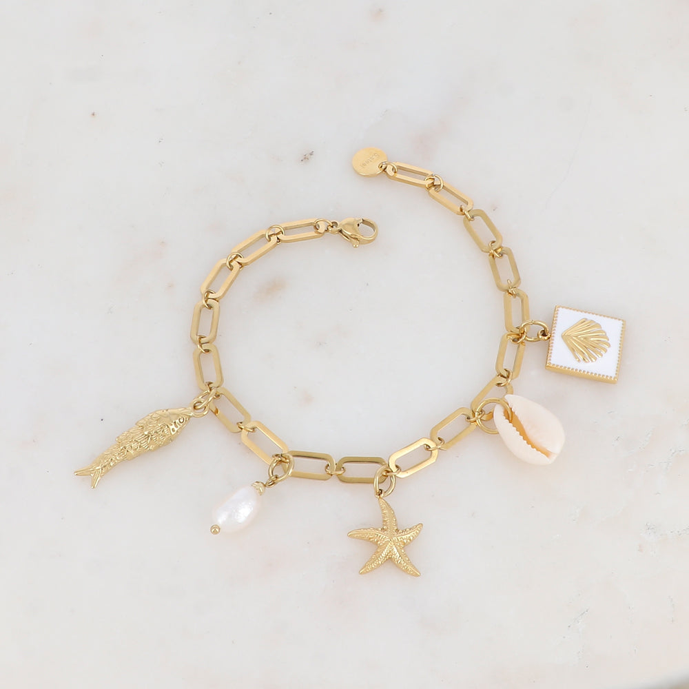 Bracelet en maille avec coquillages naturel et émaillé, étoile de mer, perle d'eau douce et poisson
