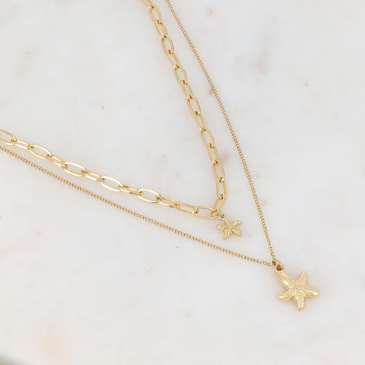 Collier double rangs en maille avec étoiles de mer (38/45+7CM)