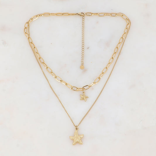 Collier double rangs en maille avec étoiles de mer (38/45+7CM)