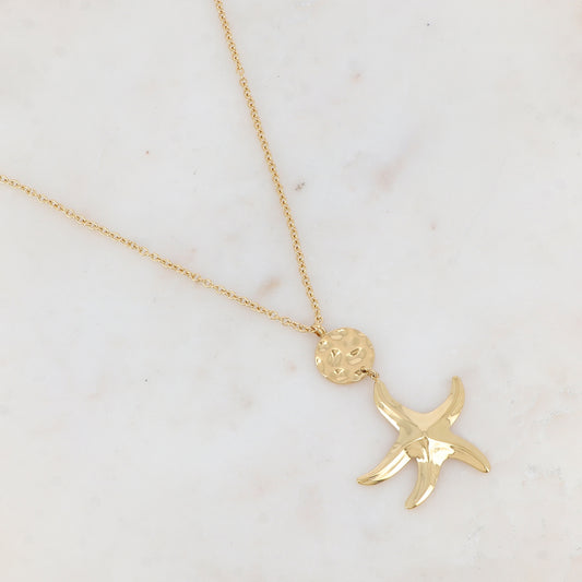 Sautoir en maille avec pampille ronde texturée et étoile de mer (60+10CM)