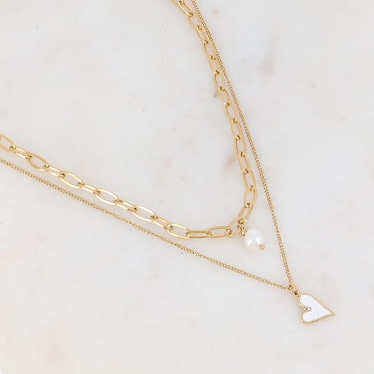 Collier double rangs en maille avec cœur émaillé strassé et perle d'eau douce (38/45+7CM)