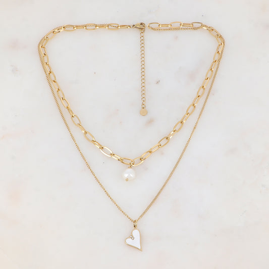Collier double rangs en maille avec cœur émaillé strassé et perle d'eau douce (38/45+7CM)