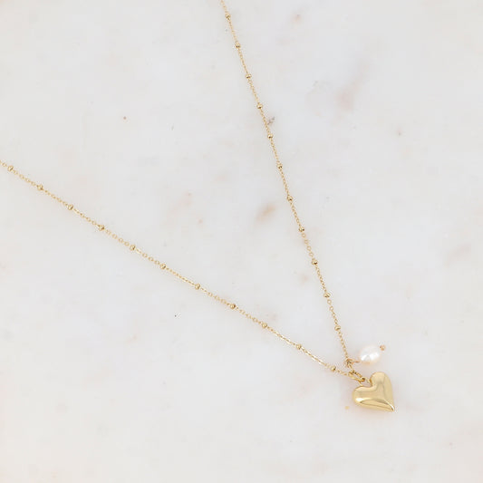 Collier avec cœur et perle d'eau douce 45+5 cm