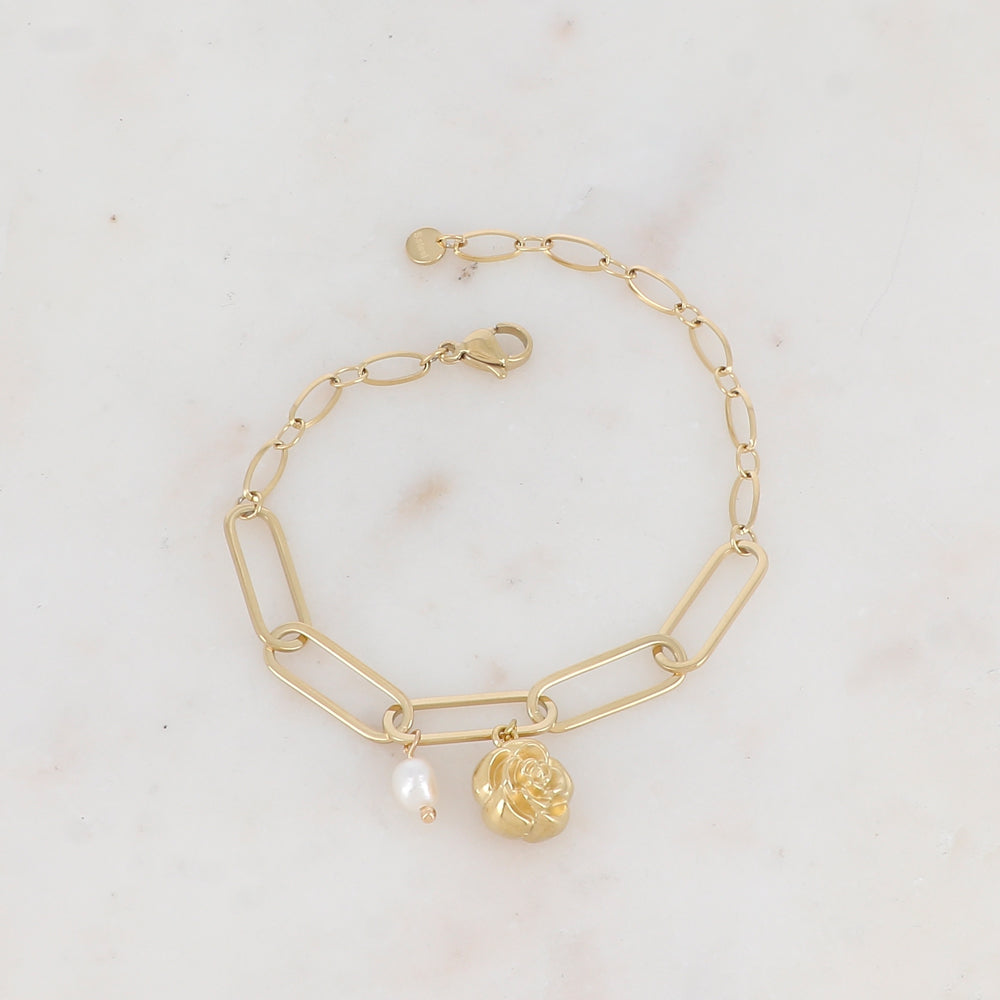 Bracelet en maille avec fleur et perle d'eau douce