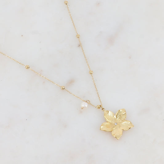 Collier avec fleur strassée et perle d'eau douce 40+5 cm