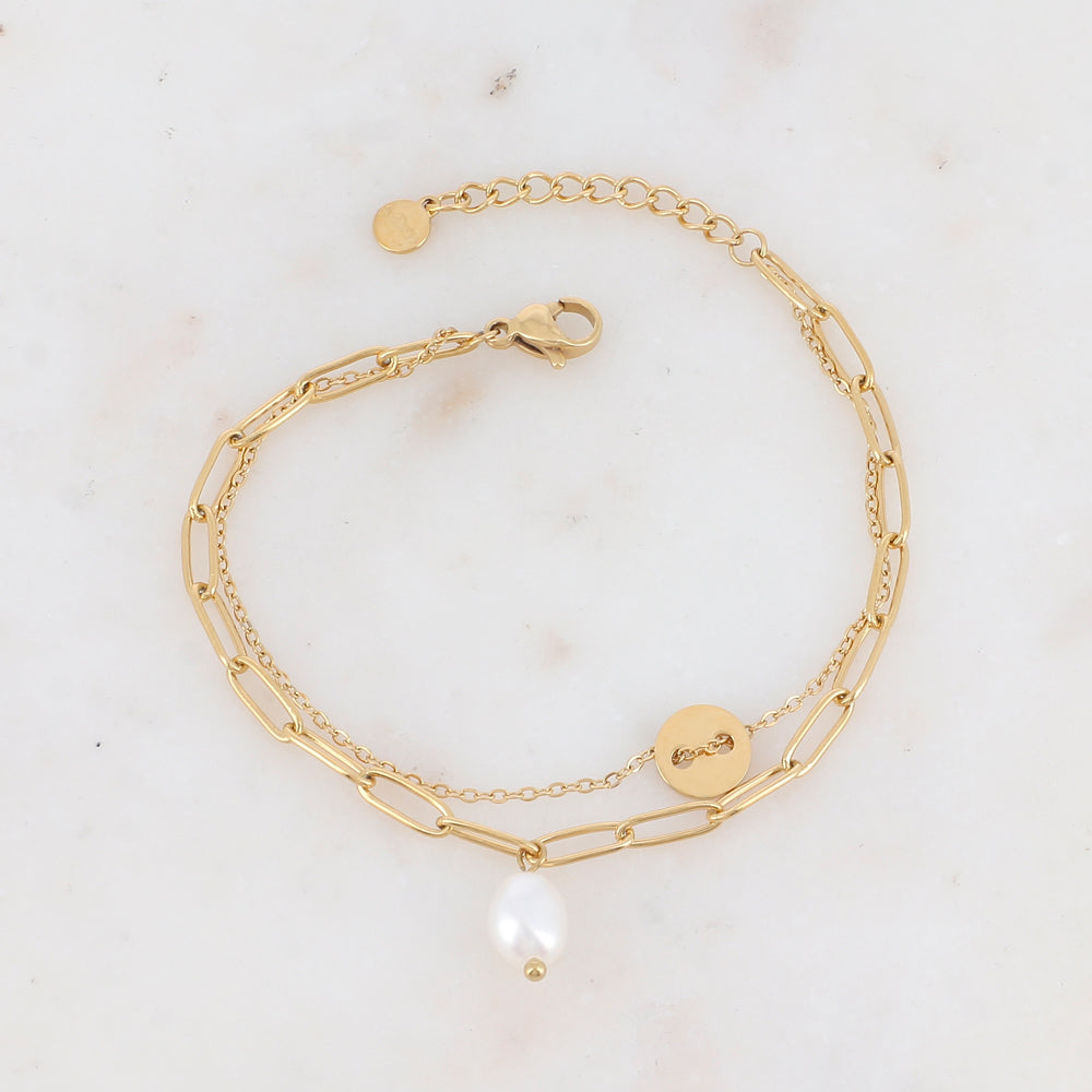 Bracelet double rangs avec pièce ronde et perle d'eau douce