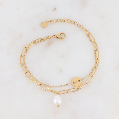 Bracelet double rangs avec pièce ronde et perle d'eau douce