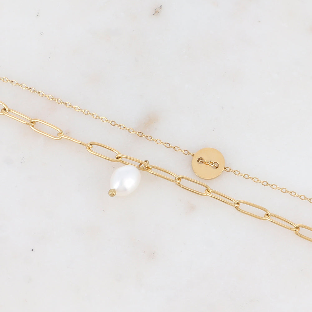 Bracelet double rangs avec pièce ronde et perle d'eau douce
