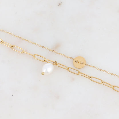 Bracelet double rangs avec pièce ronde et perle d'eau douce