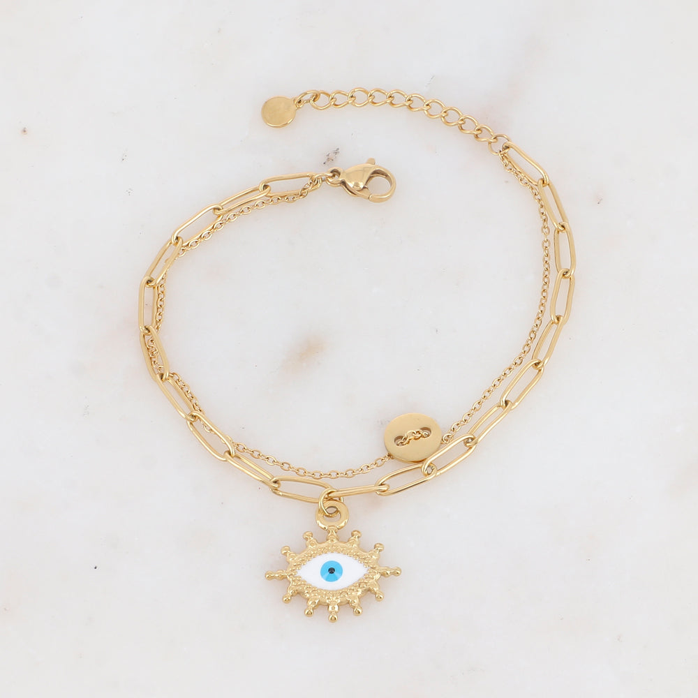 Bracelet double rangs avec pièce ronde et pendentif émaillé motif œil