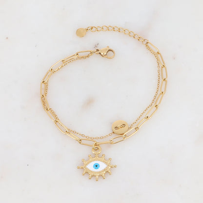 Bracelet double rangs avec pièce ronde et pendentif émaillé motif œil