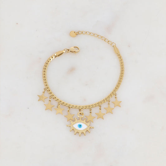 Bracelet en maille avec pampilles étoiles et pendentif émaillé motif œil