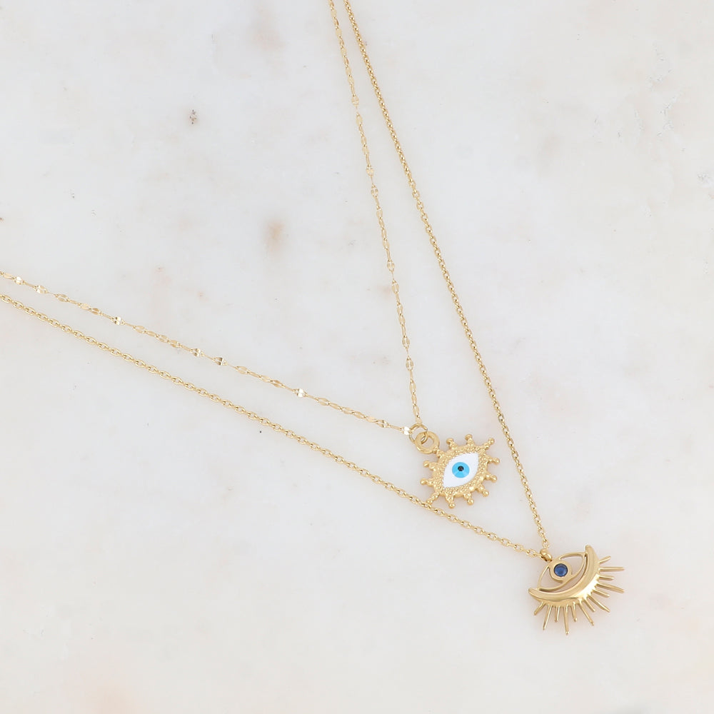 Collier double rangs doré avec deux pendentifs forme œil (40/44+5CM)