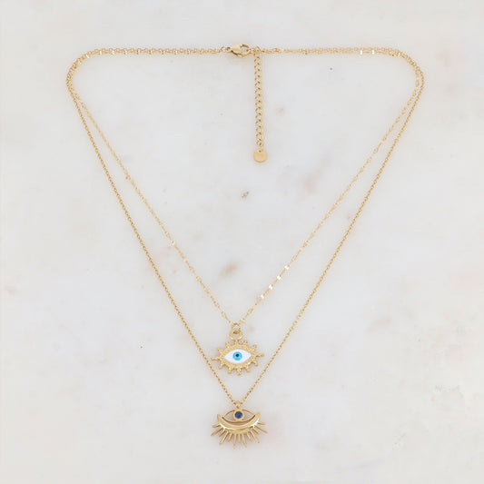 Collier double rangs doré avec deux pendentifs forme œil (40/44+5CM)