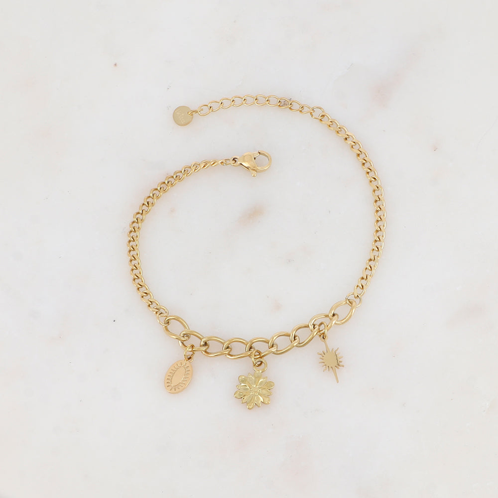 Bracelet en maille avec fleur, soleil et pampille ovale graphique