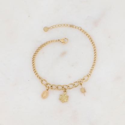 Bracelet en maille avec fleur, soleil et pampille ovale graphique