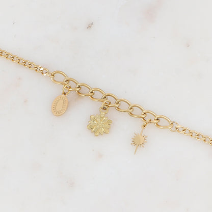 Bracelet en maille avec fleur, soleil et pampille ovale graphique