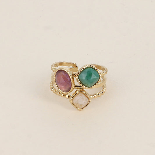Bague - 3 anneaux effet mil grain et 3 pierres naturelles carrées et ovale - Améthyste, agate verte et quartz rose