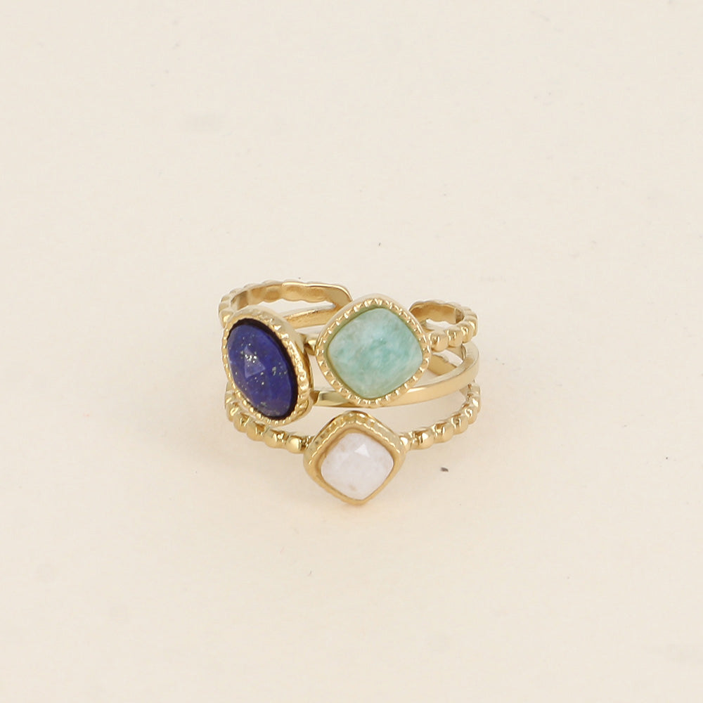 Bague - 3 anneaux effet mil grain et 3 pierres naturelles carrées et ovale - Lapis lazuli, amazonite et agate blanche
