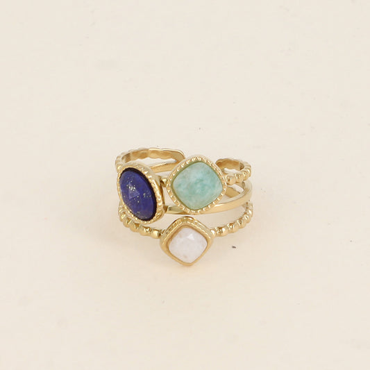 Bague - 3 anneaux effet mil grain et 3 pierres naturelles carrées et ovale - Lapis lazuli, amazonite et agate blanche