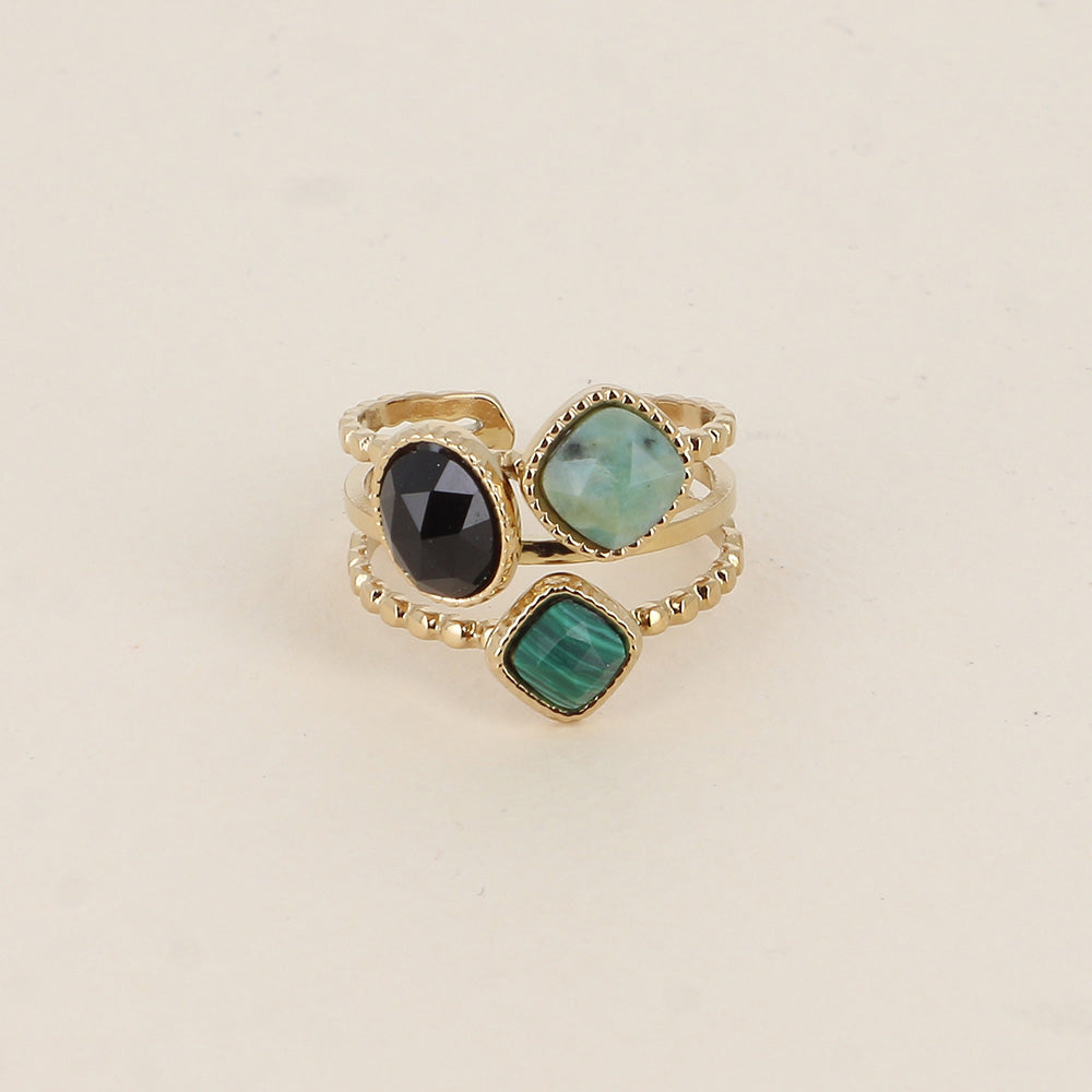 Bague - 3 anneaux effet mil grain et 3 pierres naturelles carrées et ovale - Onyx, turquoise africaine et malachite