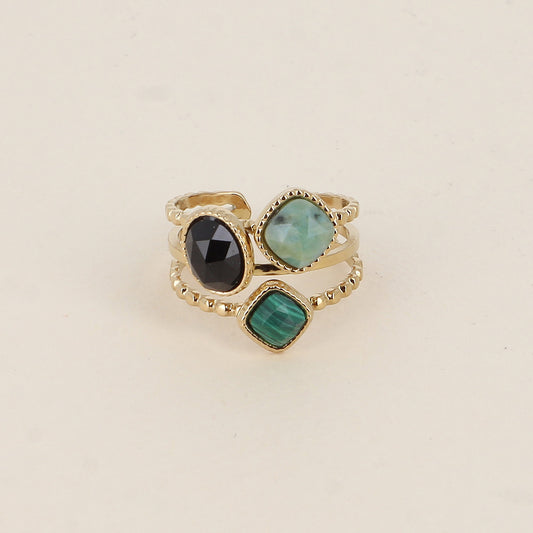 Bague - 3 anneaux effet mil grain et 3 pierres naturelles carrées et ovale - Onyx, turquoise africaine et malachite
