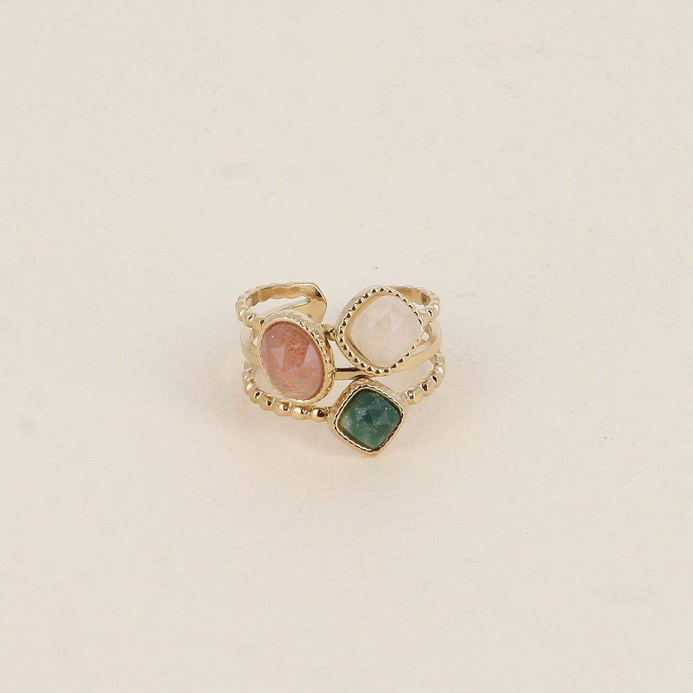 Bague - 3 anneaux effet mil grain et 3 pierres naturelles carrées et ovale - quartz fraise, agate blanche et turquoise africaine