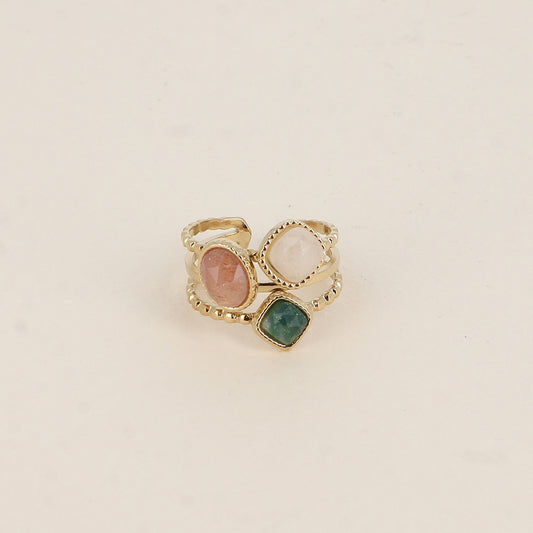 Bague - 3 anneaux effet mil grain et 3 pierres naturelles carrées et ovale - quartz fraise, agate blanche et turquoise africaine