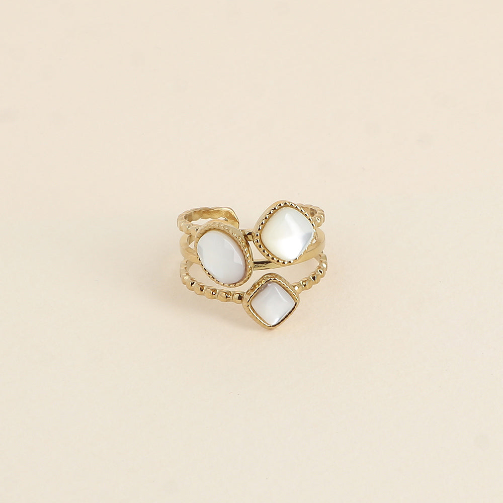 Bague - 3 anneaux effet mil grain et 3 nacre blanches