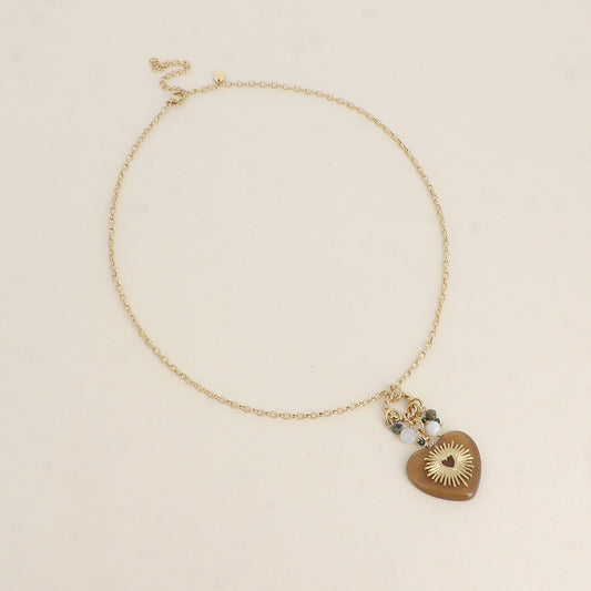 Collier - anneau torsadé, cœur en résine, pierres naturelles 45+7 cm