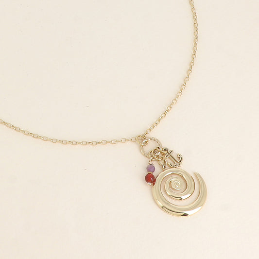 Collier - coquillage escargot, ancre et pierres naturelles 45+7 cm