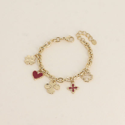 Bracelet - trèfles, cœurs, émail bordeaux (17+3 cm)