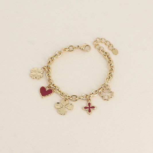 Bracelet - trèfles, cœurs, émail bordeaux (17+3 cm)