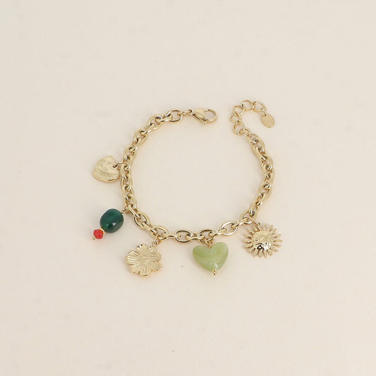 Bracelet - fleurs, cœurs en résine vert et acier, perles (17+3 cm)
