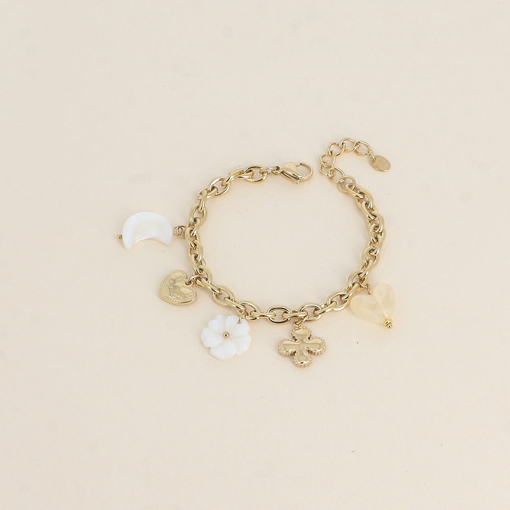 Bracelet - trèfle, cœurs, lune et fleur nacrées, cœur en résine (17+3 cm)B