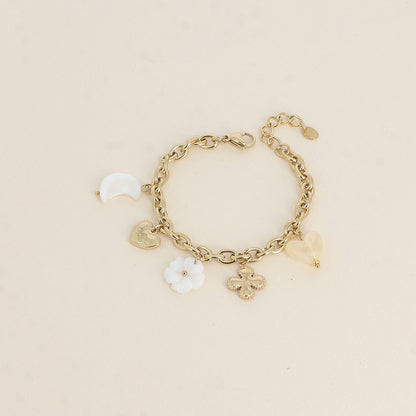 Bracelet - trèfle, cœurs, lune et fleur nacrées, cœur en résine (17+3 cm)B
