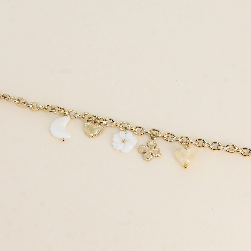 Bracelet - trèfle, cœurs, lune et fleur nacrées, cœur en résine (17+3 cm)B