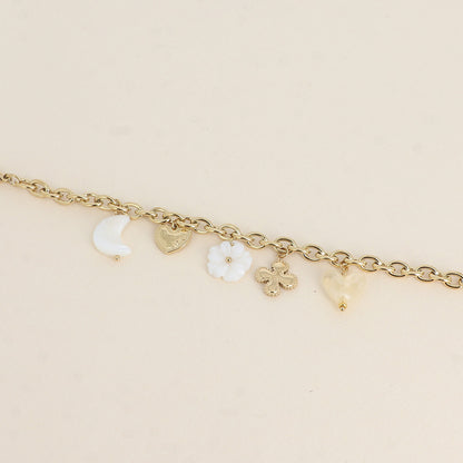 Bracelet - trèfle, cœurs, lune et fleur nacrées, cœur en résine (17+3 cm)B