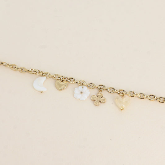 Bracelet - trèfle, cœurs, lune et fleur nacrées, cœur en résine (17+3 cm)B