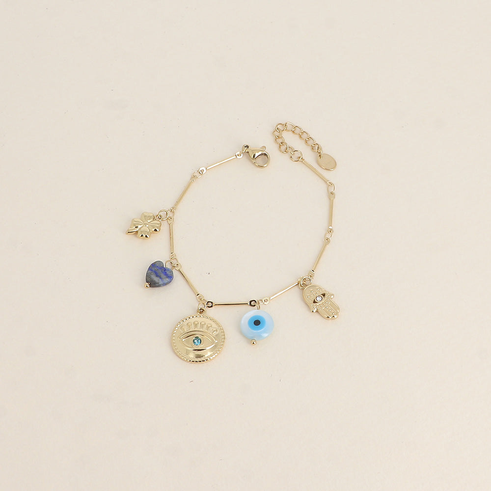 Bracelet - trèfle, yeux, cœur en pierre naturelle, main (16+3 cm)