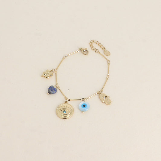 Bracelet - trèfle, yeux, cœur en pierre naturelle, main (16+3 cm)