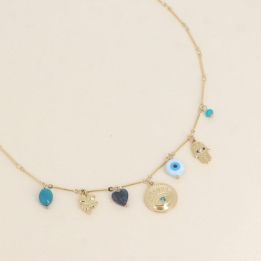 Collier - trèfle, yeux, cœur en pierre naturelle, main 40+5 cm