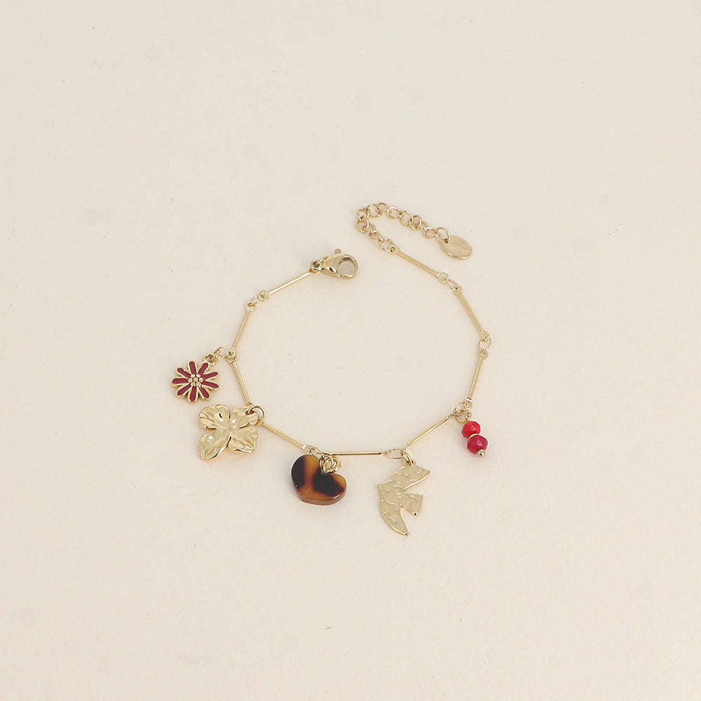 Bracelet - oiseau et fleur, cœur en résine, fleur en émail, pierres naturelles (16+3 cm)